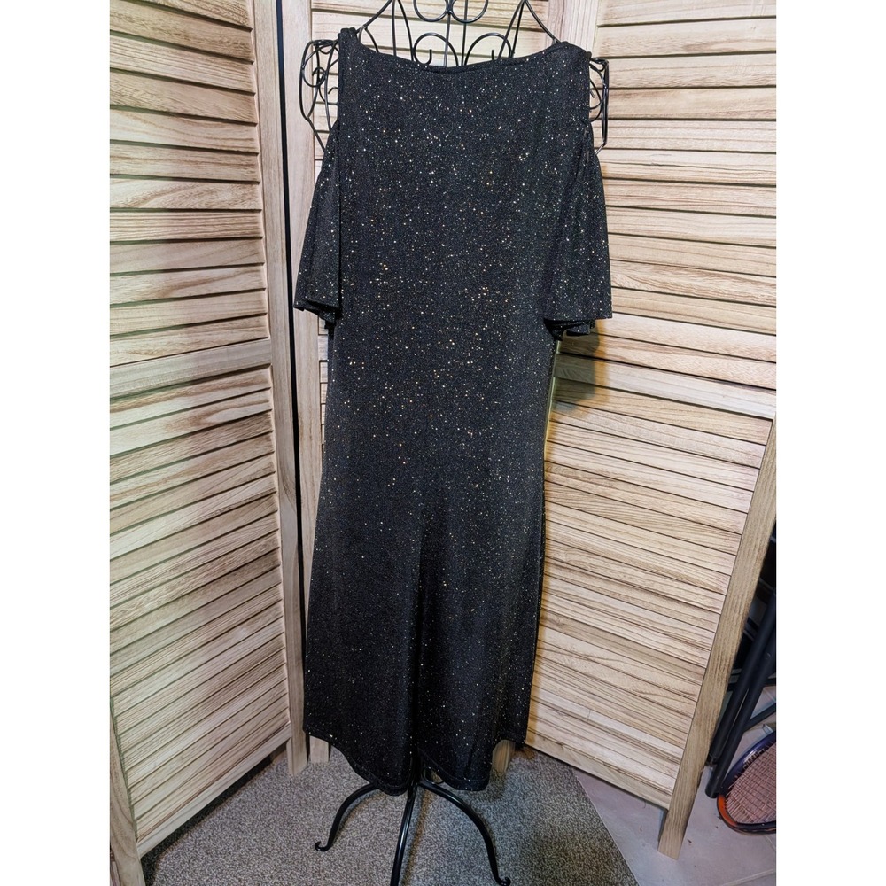 MSK 14 Dress Women's Large Black Stretchy Gold Metallic Sparkle Cold Shoulder